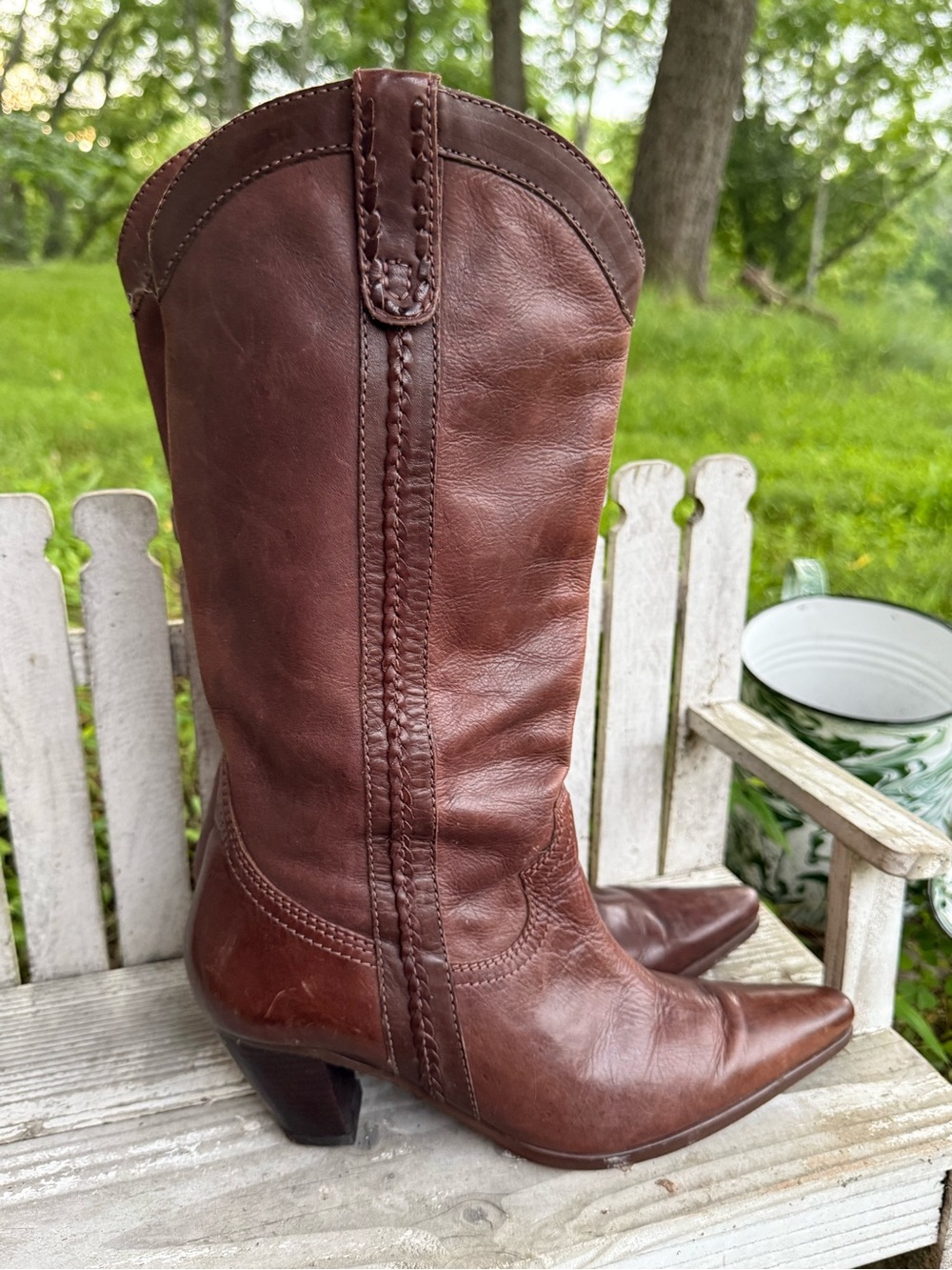 Schutz Brown Leather Western Boots Pointed Toe Braided Detail